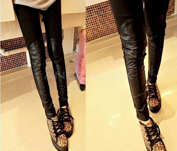 unknown Korea Women's Knee Synthetic Leather Stitching Casual Render Pants Leggings