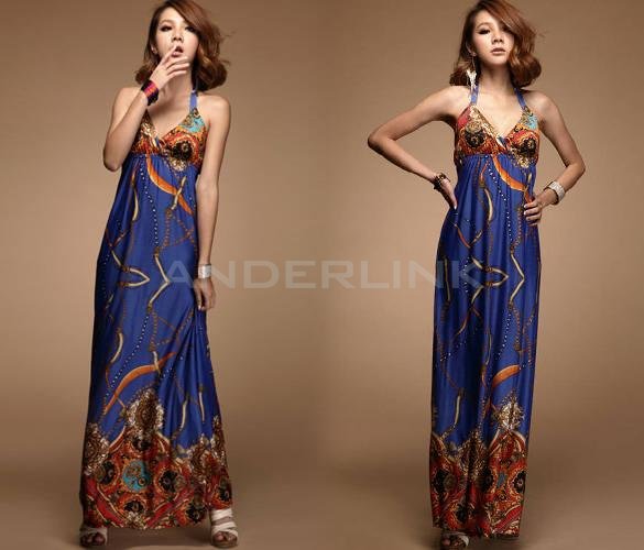 Women Lady Bohemian Hawaiian Deep V-neck Beach Long Maxi Dress Sundress Skirt
