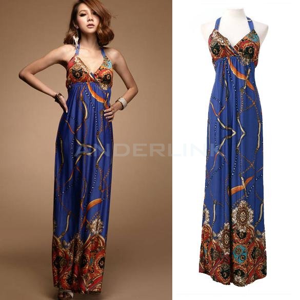 Women Lady Bohemian Hawaiian Deep V-neck Beach Long Maxi Dress Sundress Skirt