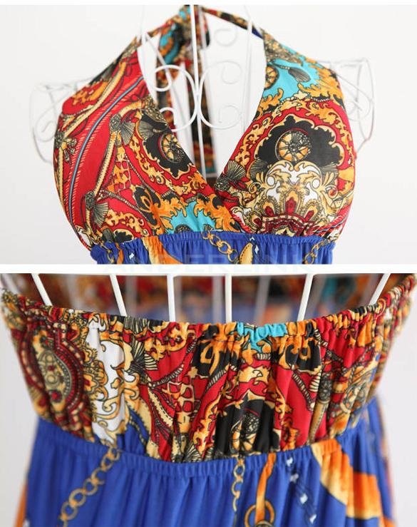 Women Lady Bohemian Hawaiian Deep V-neck Beach Long Maxi Dress Sundress Skirt