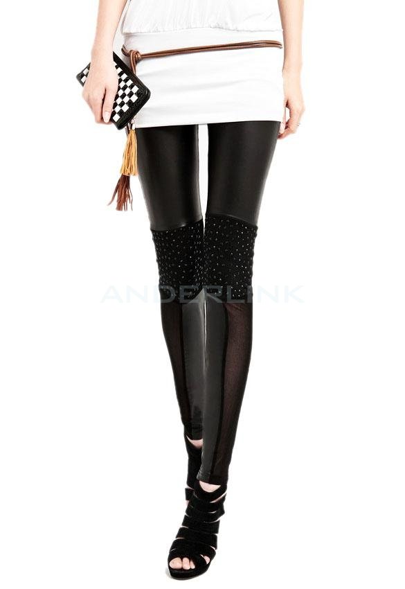 unknown Hot Women's Synthetic Leather Black Ankle-length Gauze Splicing Ninth Pants