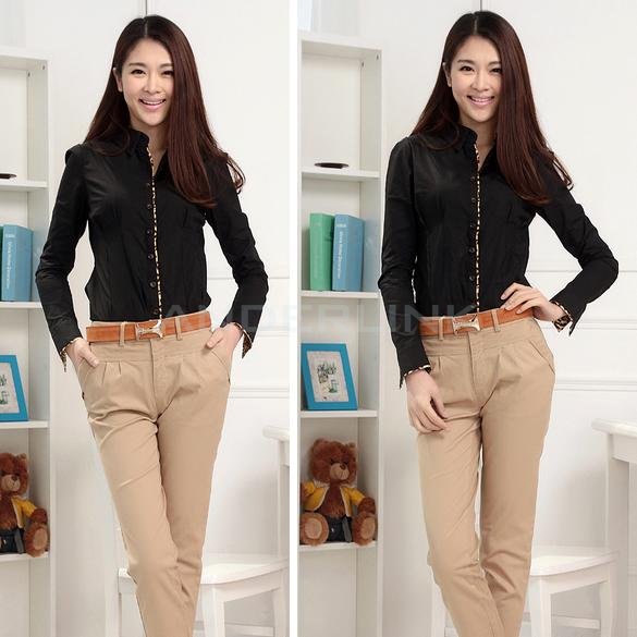 Women Career Leopard Long Sleeve Slim OL Cotton Shirt Blouse Tops