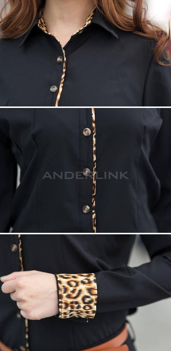 Women Career Leopard Long Sleeve Slim OL Cotton Shirt Blouse Tops