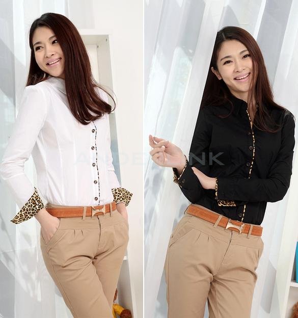 Women Career Leopard Long Sleeve Slim OL Cotton Shirt Blouse Tops