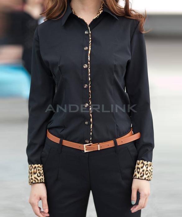 Women Career Leopard Long Sleeve Slim OL Cotton Shirt Blouse Tops