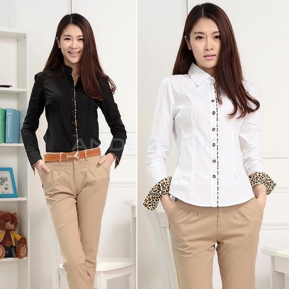 Women Career Leopard Long Sleeve Slim OL Cotton Shirt Blouse Tops