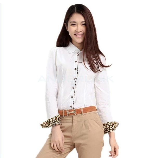 Women Career Leopard Long Sleeve Slim OL Cotton Shirt Blouse Tops