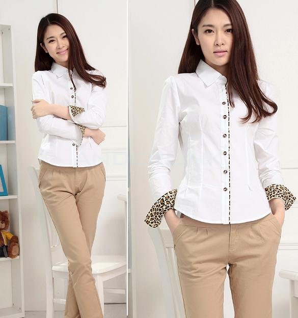 Women Career Leopard Long Sleeve Slim OL Cotton Shirt Blouse Tops