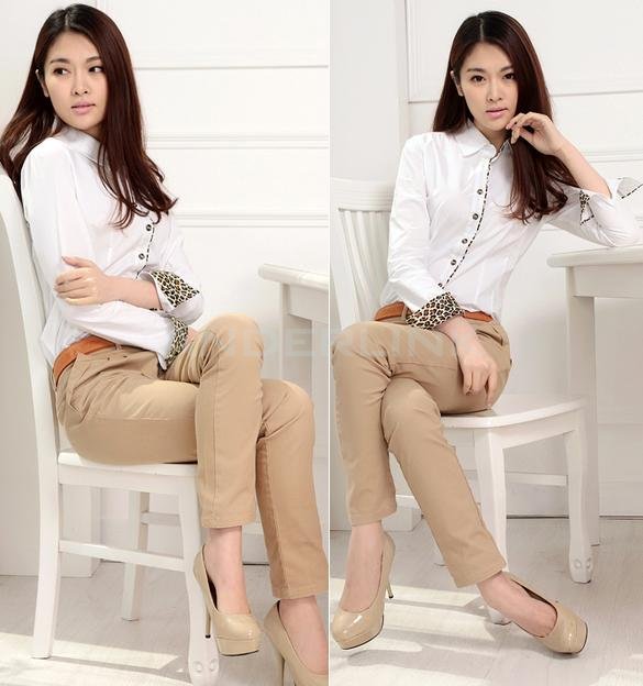 Women Career Leopard Long Sleeve Slim OL Cotton Shirt Blouse Tops