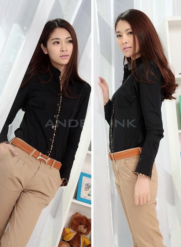 Women Career Leopard Long Sleeve Slim OL Cotton Shirt Blouse Tops