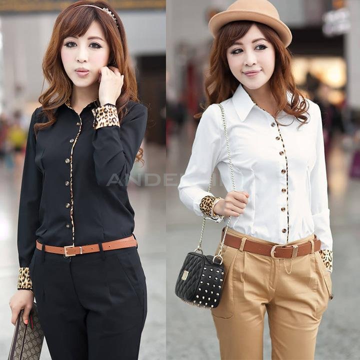 Women Career Leopard Long Sleeve Slim OL Cotton Shirt Blouse Tops