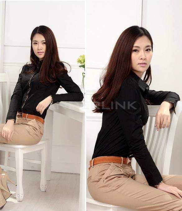 Women Career Leopard Long Sleeve Slim OL Cotton Shirt Blouse Tops