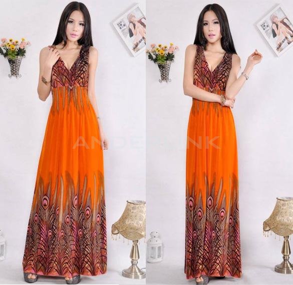 unknown New Women's Bohemian Peacock Tail Hawaiian V-neck Long Beach Dress Sundress