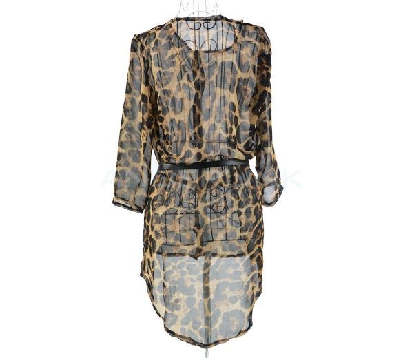 unknown Elegant Fit Slim Women's Leopard Chiffon Casual Tunic Long Cardigan Blouse Tops with Belt