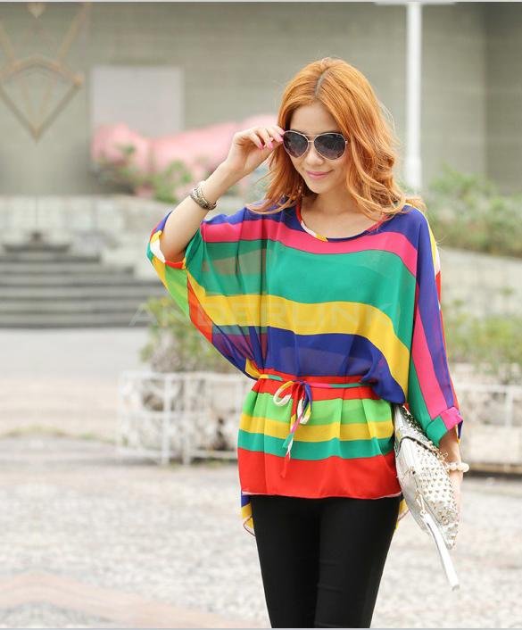 unknown Summer Sexy Women Round Neck Shirt Batwing Striped Lace Waist Shirt Blouse Tops