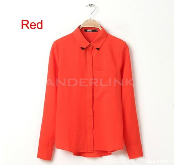 unknown Women Long Sleeve Turn Down Collar Chiffon Blouse Tops Shirts 4Colors 3Sizes