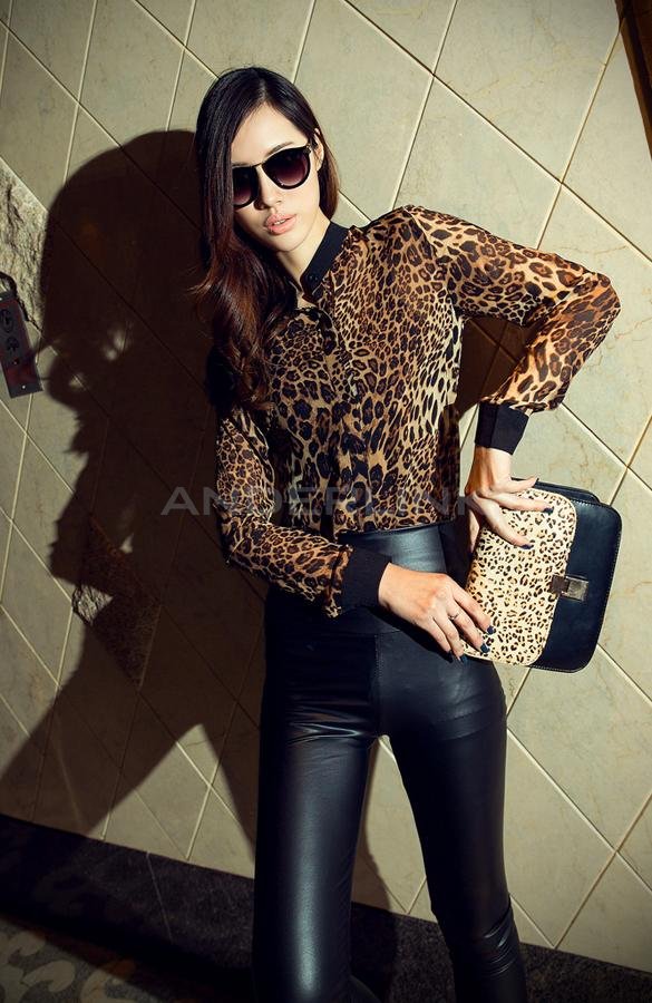 unknown Classical Women's Stand Collar Long Sleeve Leopard Grain Loose Chiffon Shirt Blouse Tops