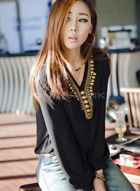 unknown 2014 Hot Selling Korean Women's T-shirt Girl Fashion Summer Long Sleeve Shirt Coat V Collar Bronze Flat Studs Tops Blouse Gown Black White Free S