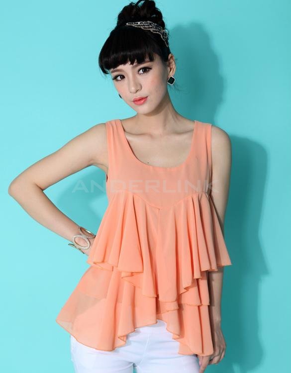 unknown Fashion Women Candy Color Front Ruffles Chiffon Sleeveless Vest Top Irregular Cool