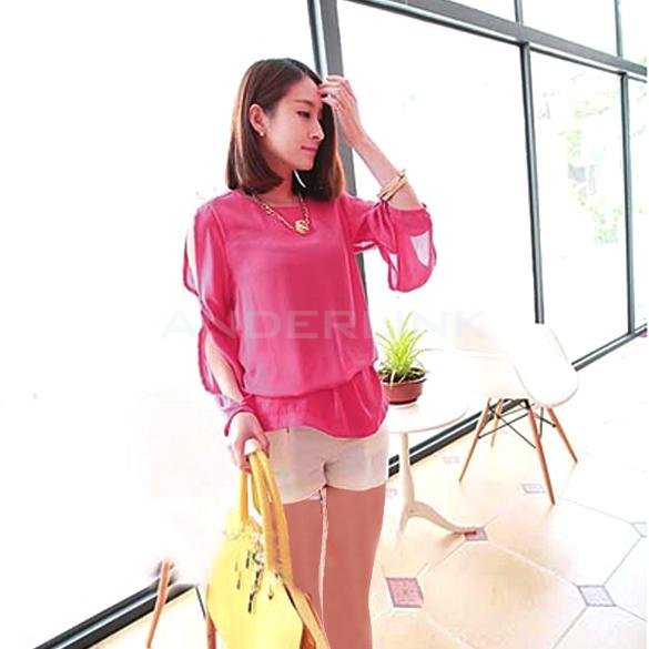 unknown Women's Fashion Candy Color Hollow Out Long Sleeve Chiffon Shirt Tops New