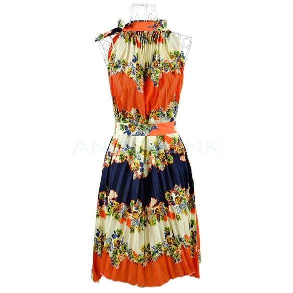 unknown Women's Girl Halter Neck Bohemia Folded Printing Chiffon Dress 2Colors