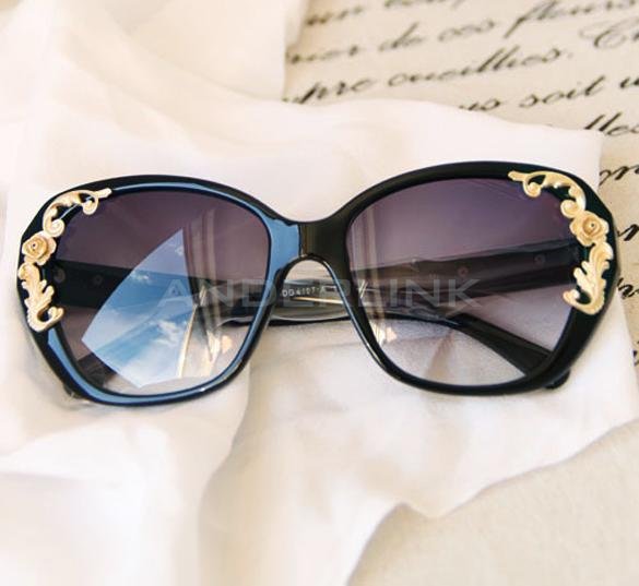unknown Women's Lady Vintage Gold-tone Roses Carving Oversize Sun Glasses Black Frame Sunglasses