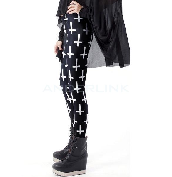 unknown New Personality Women Ladies Black Cross Print Full Length Skinny Leggings Pants