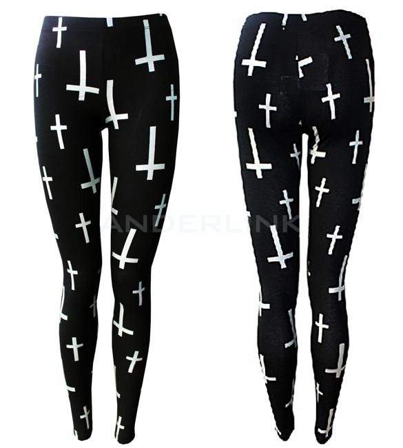 New Personality Women Ladies Black Cross Print Full Length Skinny Leggings Pants