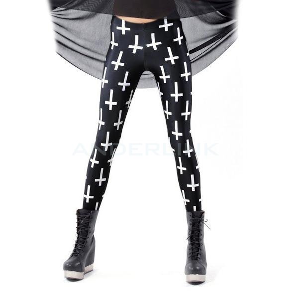 New Personality Women Ladies Black Cross Print Full Length Skinny Leggings Pants