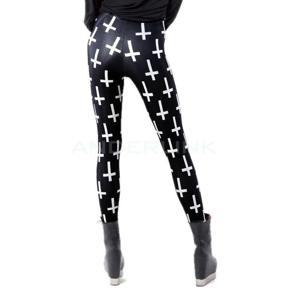 New Personality Women Ladies Black Cross Print Full Length Skinny Leggings Pants