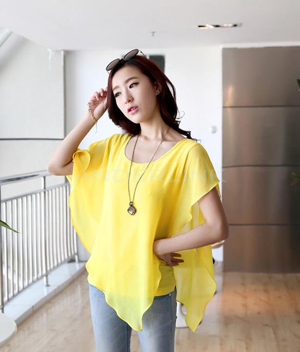 unknown 2014 New Europe Women's Fashion Round Neck Bat Sleeve Chiffon Shirt Tops Blouse Free Ship