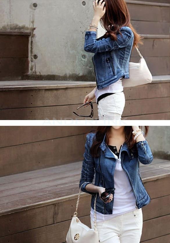 Women's Stylish Punk Lapel Zipper Denim Jean Coat Jacket Slim Outerwear Hot Sale