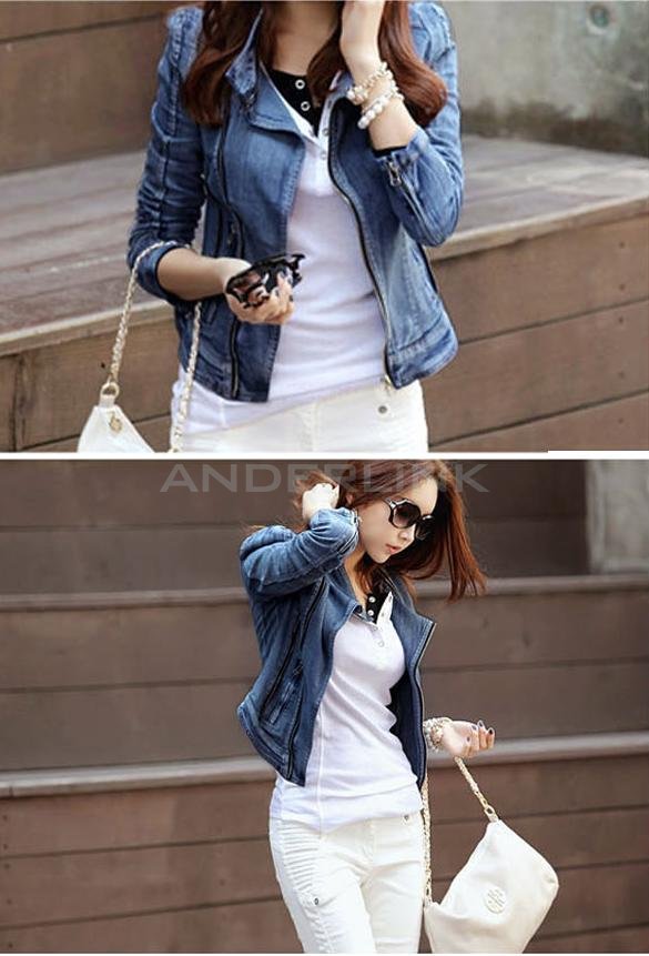 Women's Stylish Punk Lapel Zipper Denim Jean Coat Jacket Slim Outerwear Hot Sale