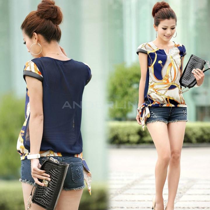 unknown Korean Women Retro Printed Chiffon T-shirt Short Sleeve Blouse Tops