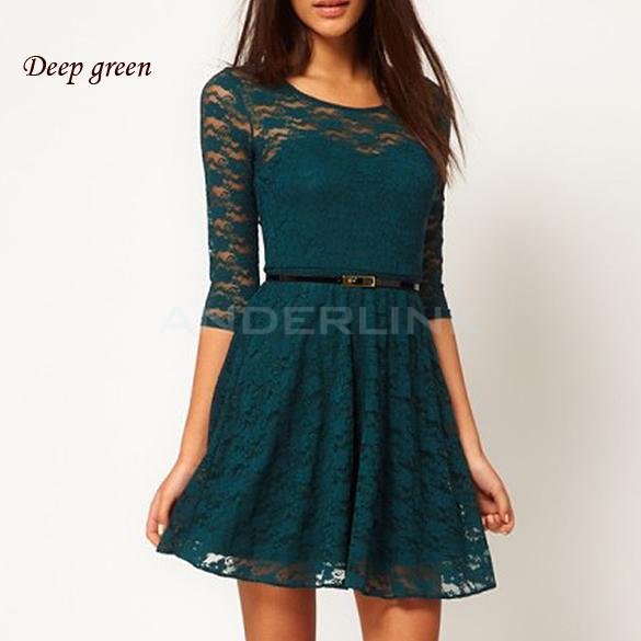 unknown Women's Ladies Elegant Sexy Round Neck 3/4 Sleeve Lace Dress With Belt