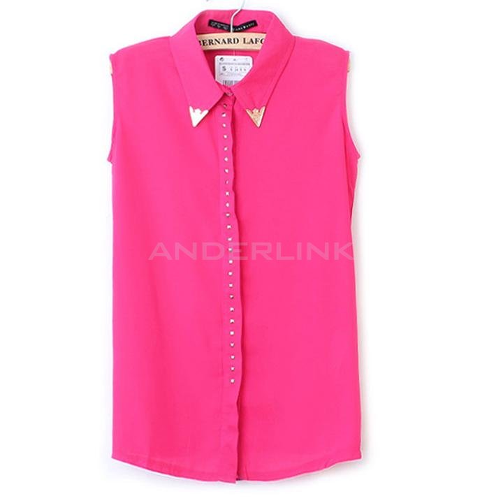 unknown Women Vintage Casual OL Rivet Lapel Vest Stud Button Chiffon Tops Blouse Shirt