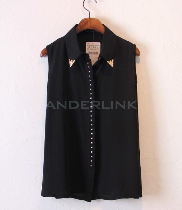 unknown Women Vintage Casual OL Rivet Lapel Vest Stud Button Chiffon Tops Blouse Shirt