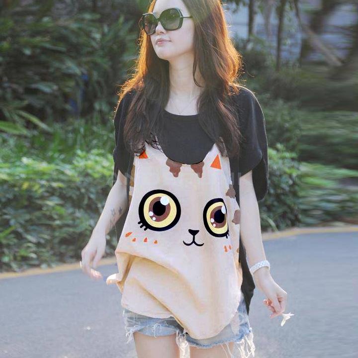 unknown New Casual Women Loose Big Size Bat Sleeve T-shirt Cat Pattern Round Collar