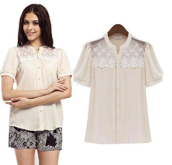 unknown New Women's Chiffon Blouse Europe Style Round Collar Short Sleeve Blouse