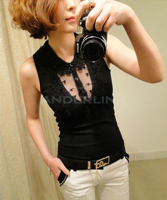 unknown Sexy Women Hot Transparent Lace Lapel Joker Slim Vest Embellish Waistcoat