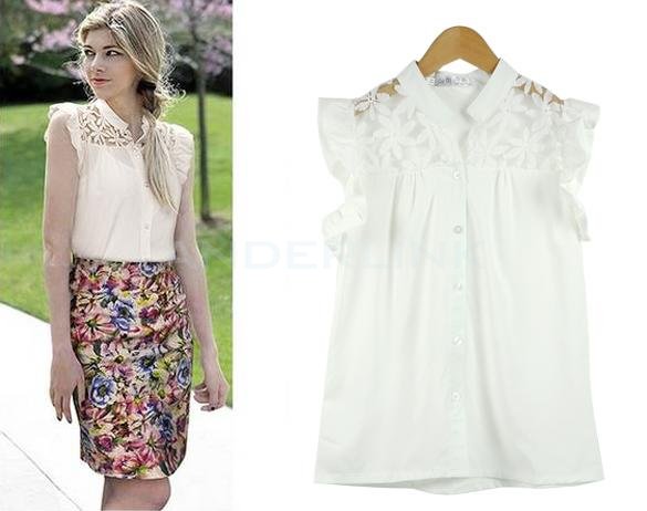unknown Women's Shirt Button Splice Lace Sleeveless Chiffon shirt Tops Lapel White