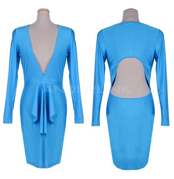 unknown Sexy Women's Clubwear Deep V Collar falbala Long Sleeve Outfit Hollow Back Bodycon Bandage Dress