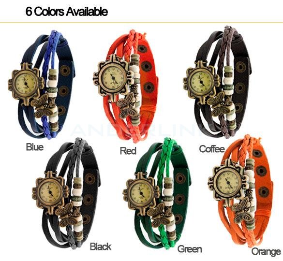 New Women's Fashion Quartz Butterfly Weave Wrap Synthetic Leather Bracelet Wrist Watch 5 Colors