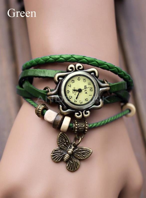 New Women's Fashion Quartz Butterfly Weave Wrap Synthetic Leather Bracelet Wrist Watch 5 Colors