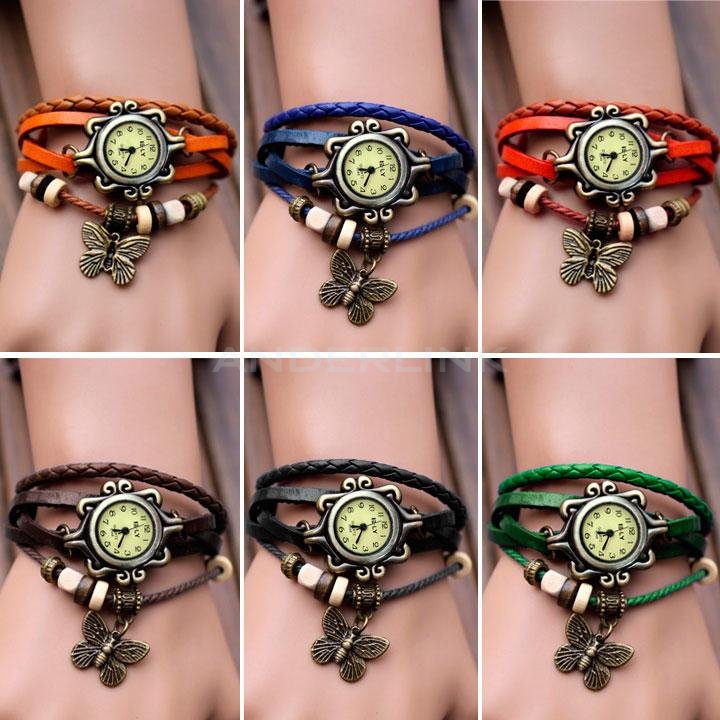 New Women's Fashion Quartz Butterfly Weave Wrap Synthetic Leather Bracelet Wrist Watch 5 Colors