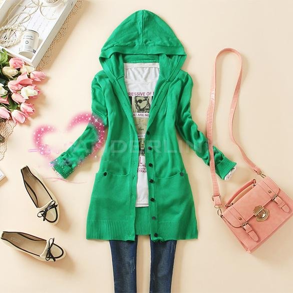 unknown Spring Women's Casual Long-sleeve Knitted Sweater Outerwear Medium-long Hooded Cardigan
