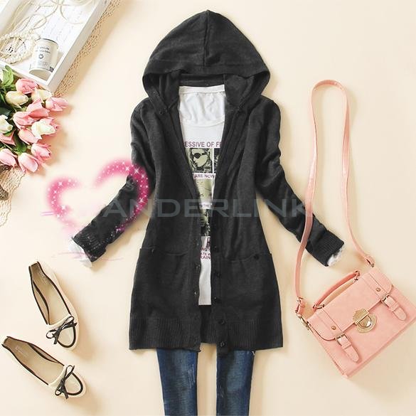 unknown Spring Women's Casual Long-sleeve Knitted Sweater Outerwear Medium-long Hooded Cardigan