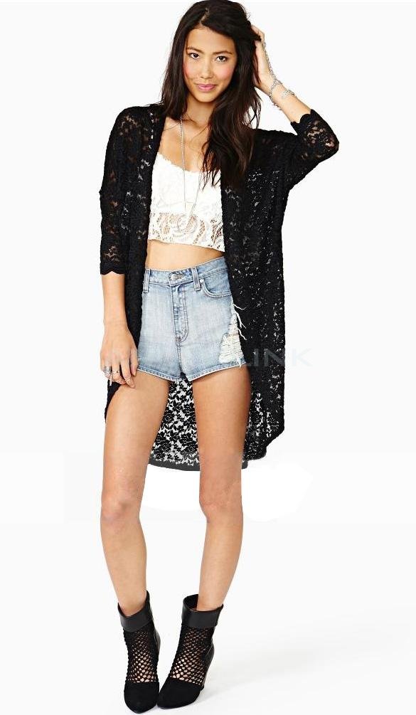 unknown Women Lace Blouse Sheer Sleeve Floral Crochet Loose long Tee Top Cardigan hollow