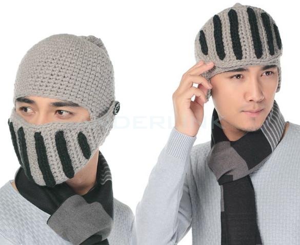 Women Men Boy Buttons Crochet Knit Black Ski Beanie Wool Roman Knight Hat Mask Cap Warm Headwear