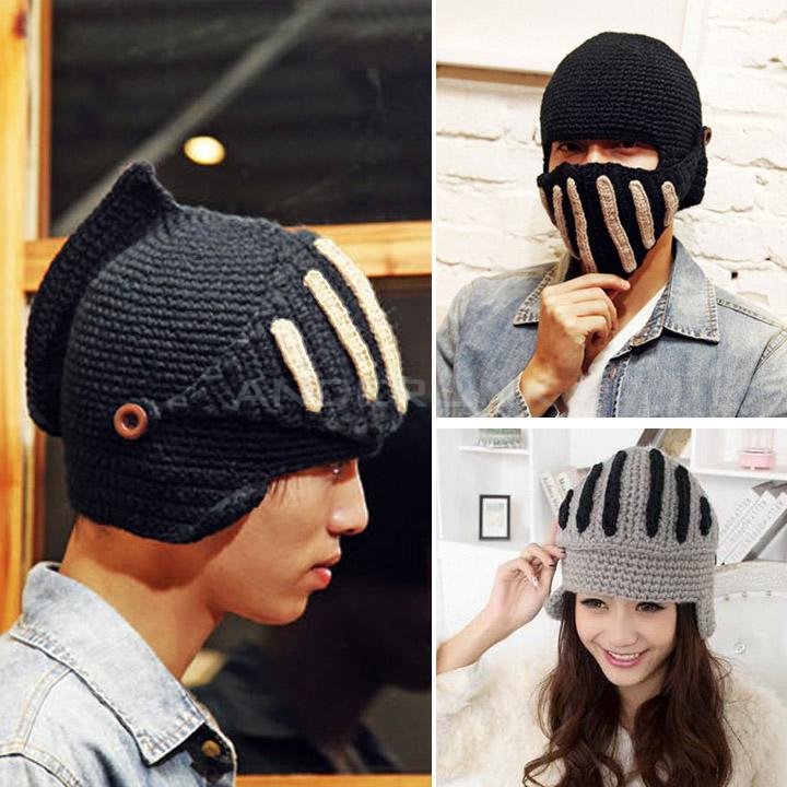 Women Men Boy Buttons Crochet Knit Black Ski Beanie Wool Roman Knight Hat Mask Cap Warm Headwear